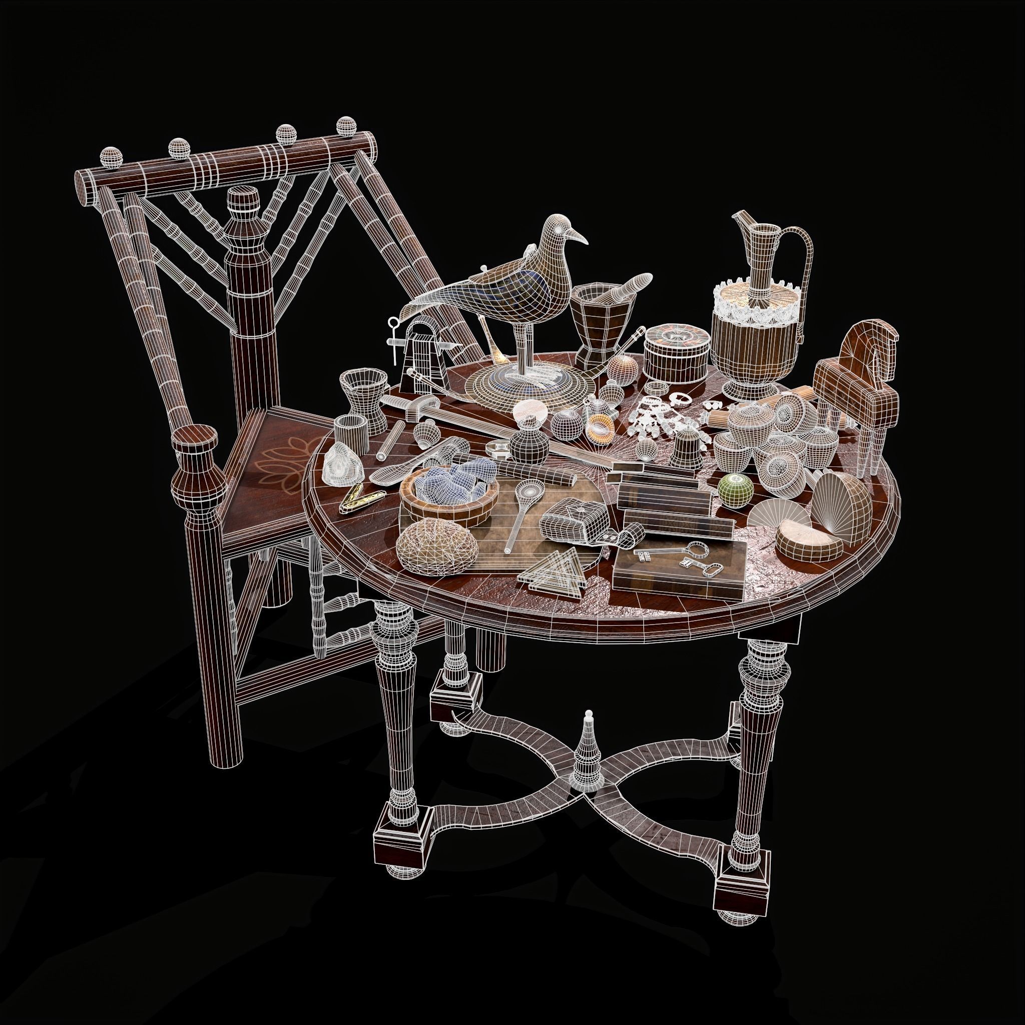 Medieval Props Messy Table Scene 3D Model Collection_1
