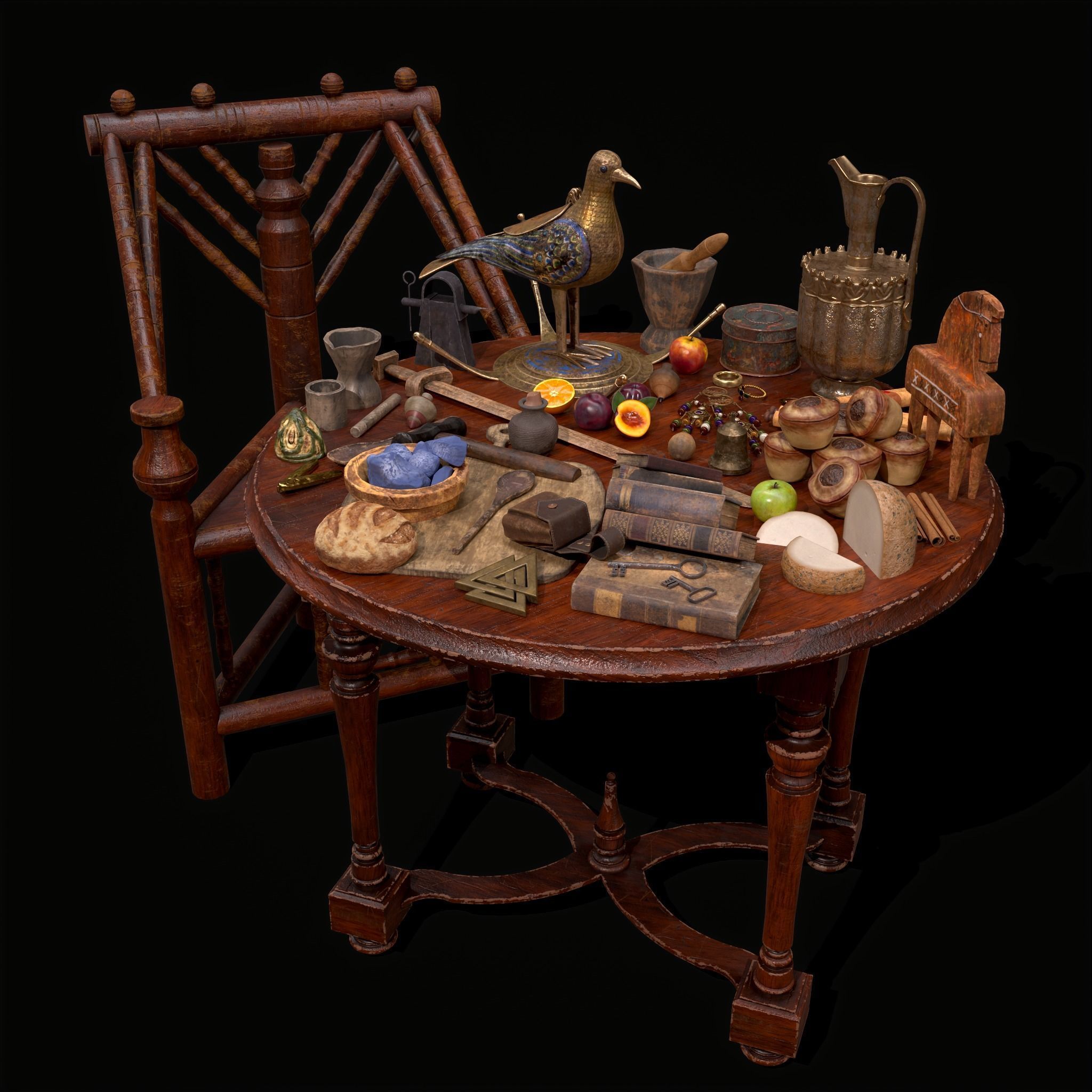 Medieval Props Messy Table Scene 3D Model Collection_40