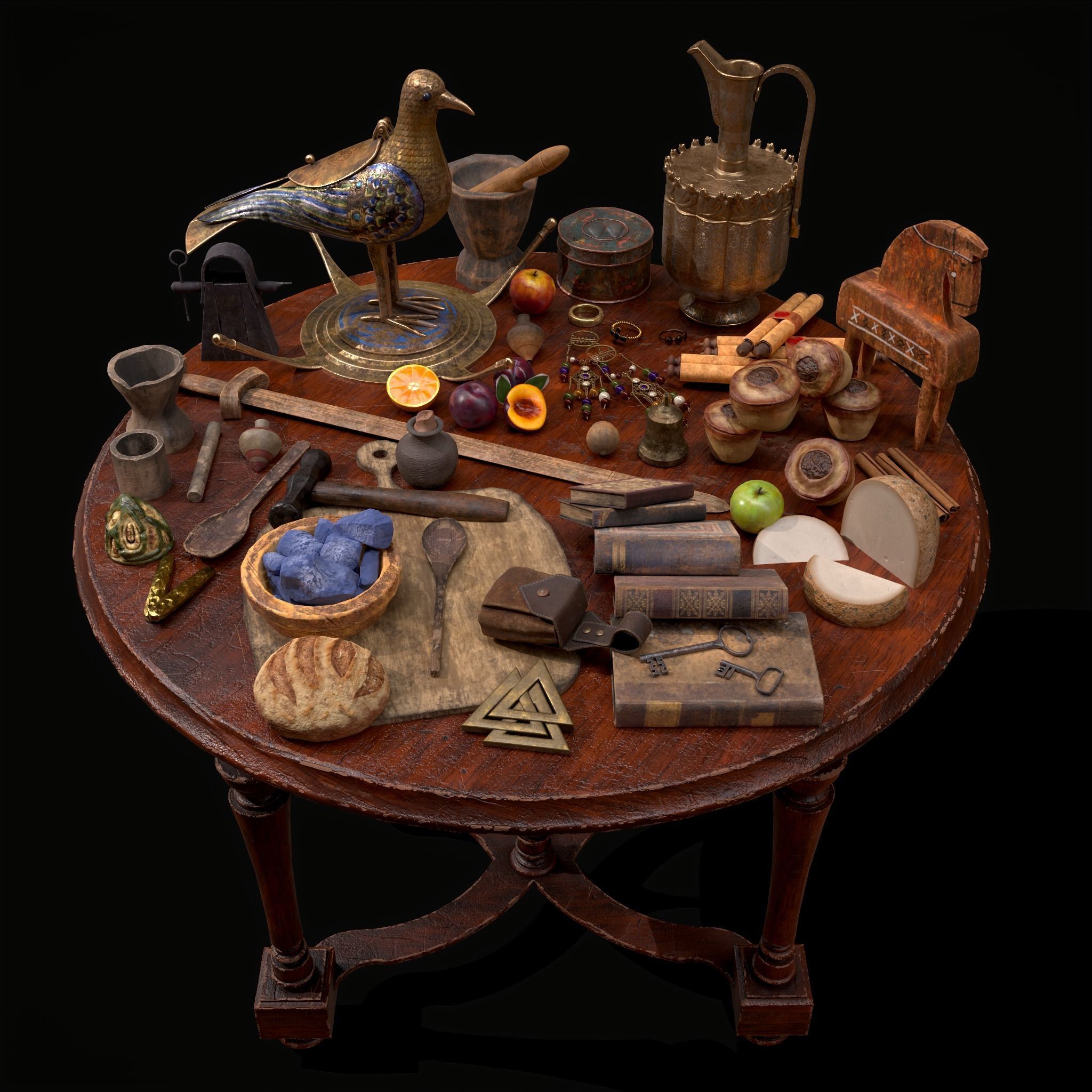 Medieval Props Messy Table Scene 3D Model Collection_14