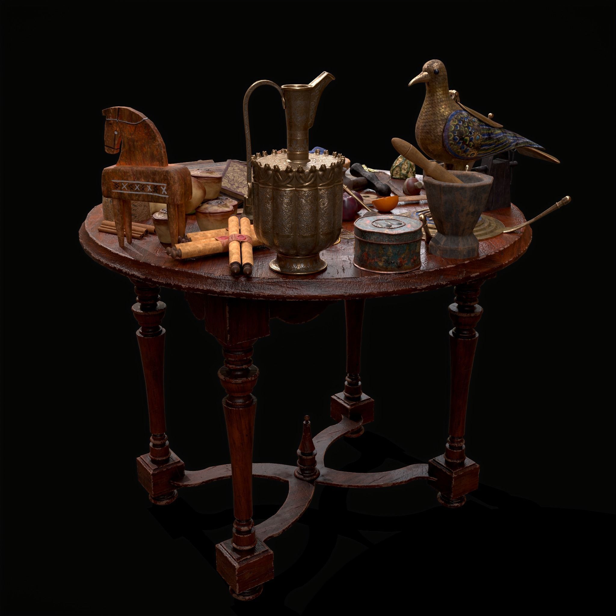 Medieval Props Messy Table Scene 3D Model Collection_21