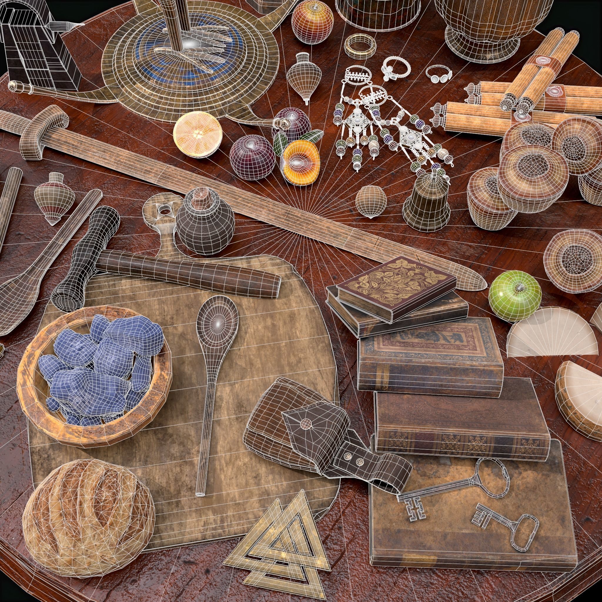 Medieval Props Messy Table Scene 3D Model Collection_17