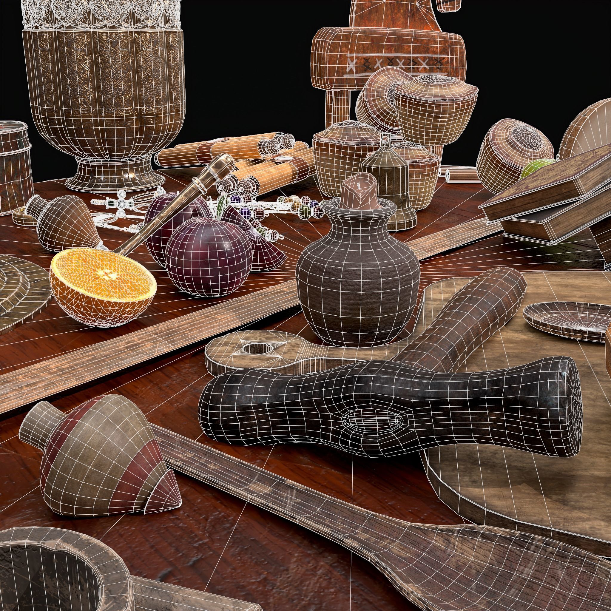 Medieval Props Messy Table Scene 3D Model Collection_33