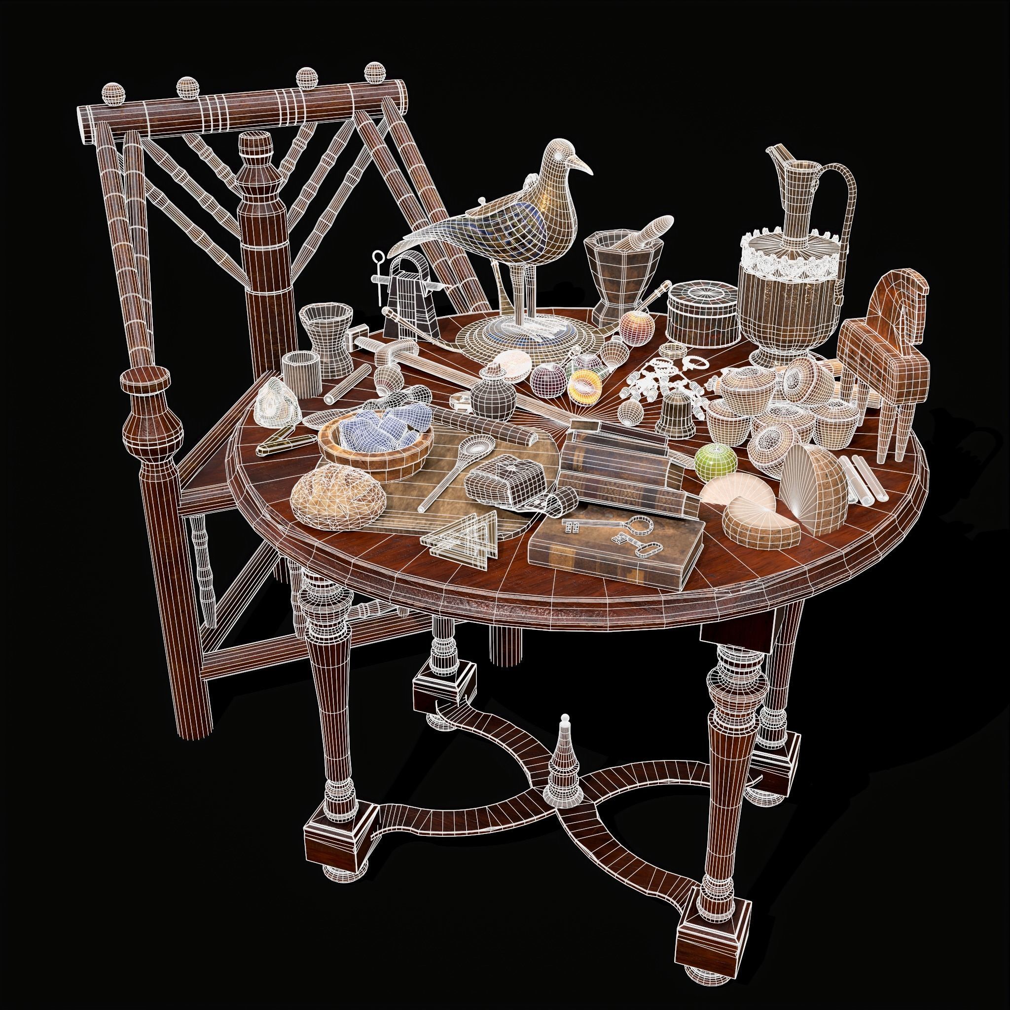 Medieval Props Messy Table Scene 3D Model Collection_41