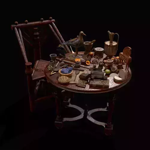 Medieval Props Messy Table Scene 3D Model Collection
