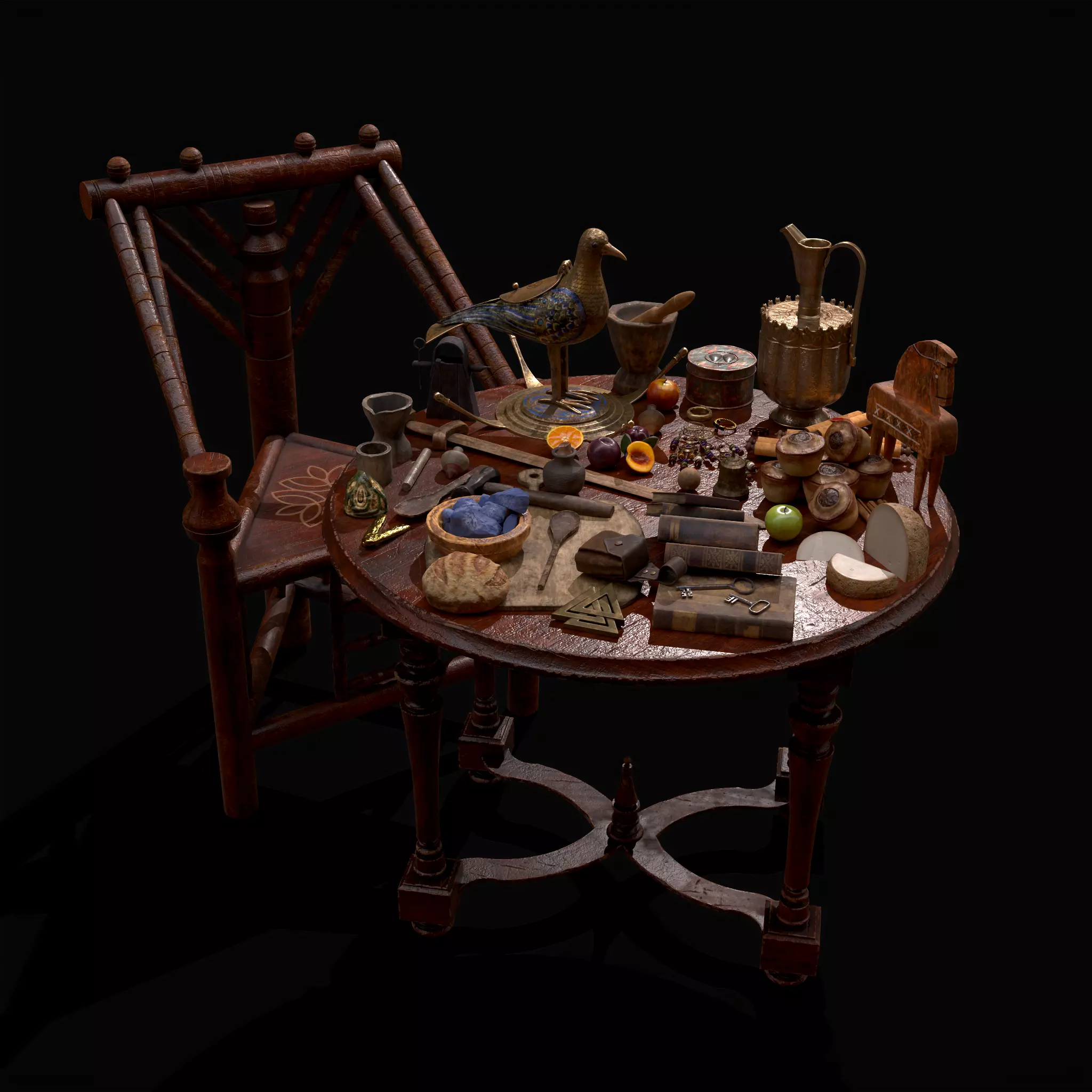 Medieval Props Messy Table Scene 3D Model Collection_0