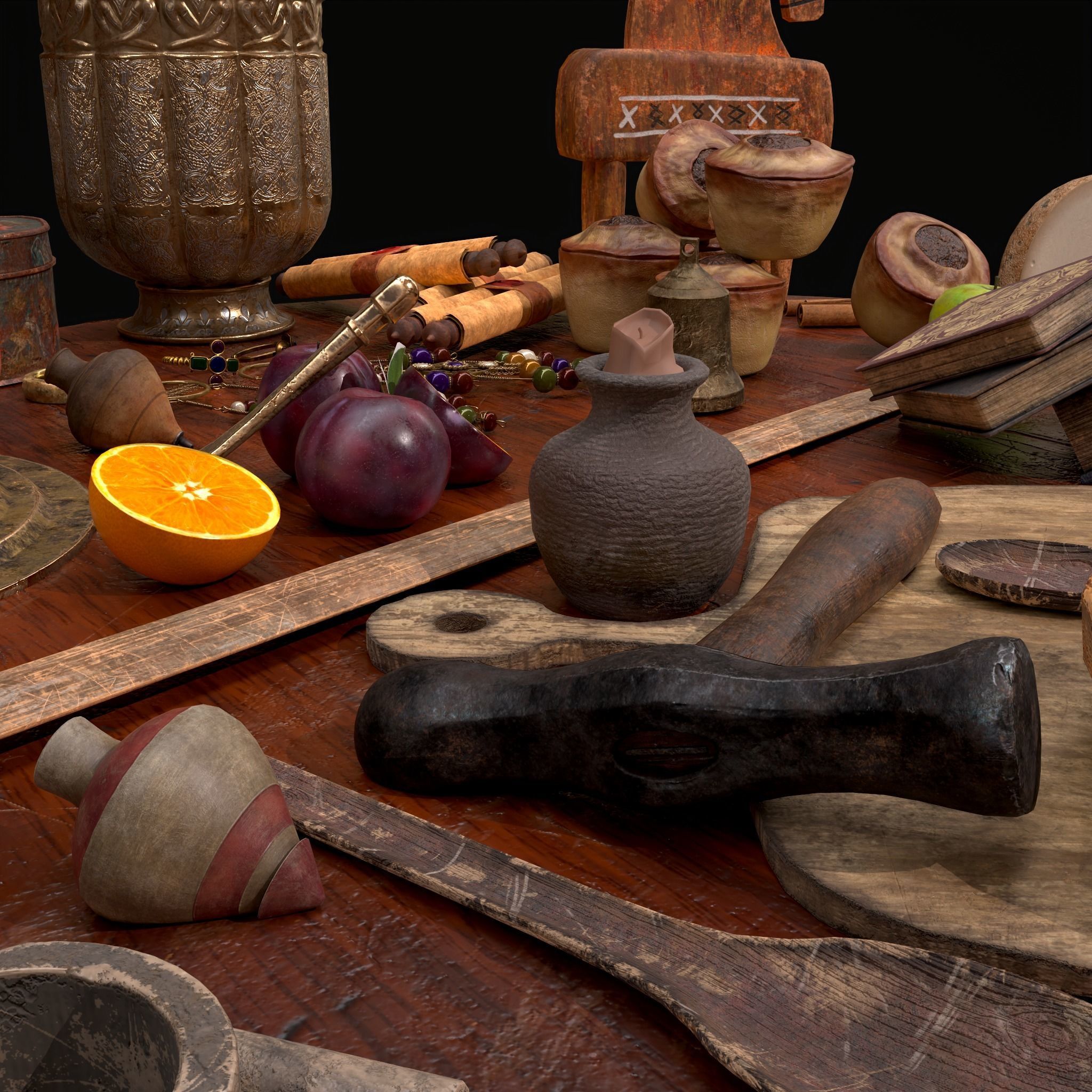 Medieval Props Messy Table Scene 3D Model Collection_32