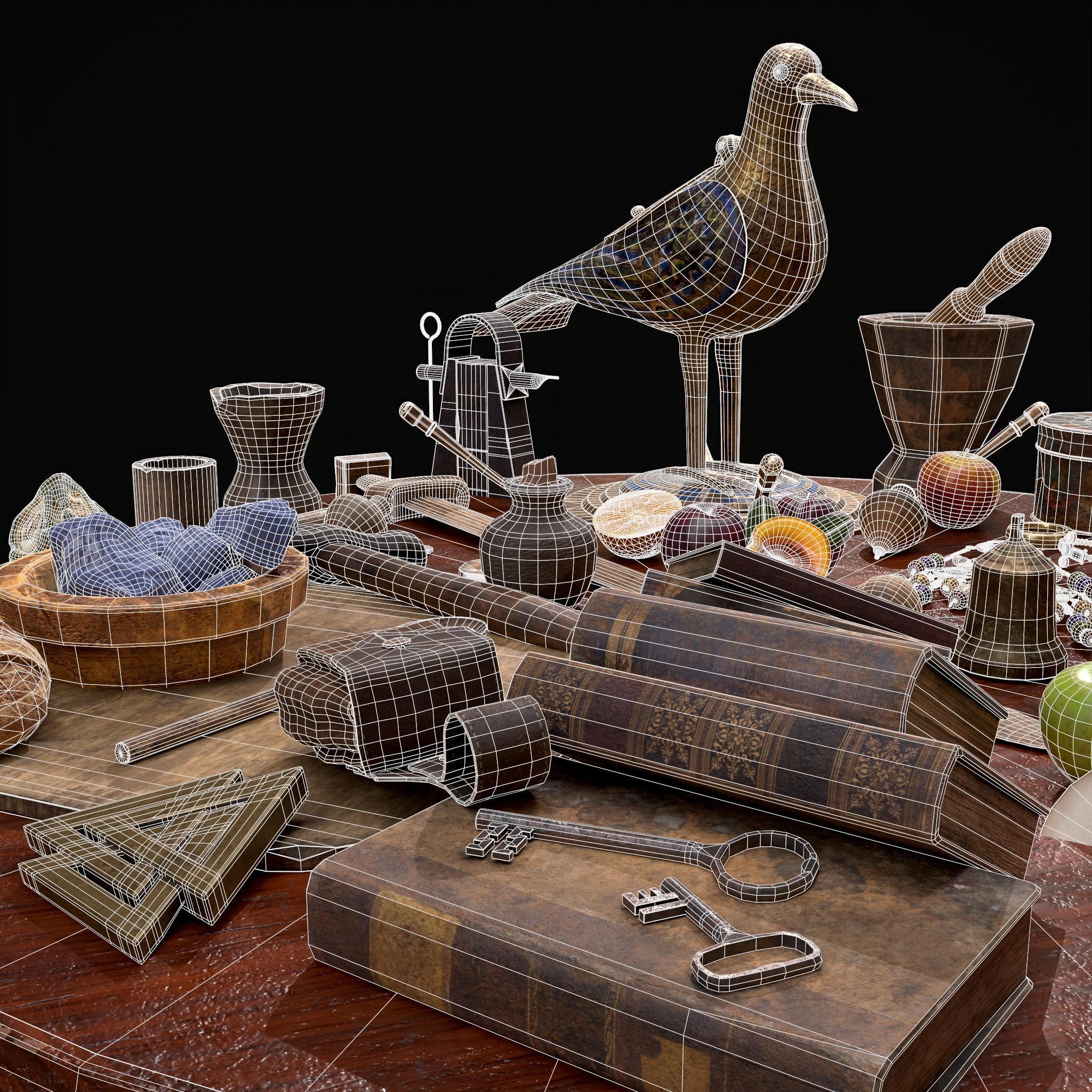 Medieval Props Messy Table Scene 3D Model Collection_29