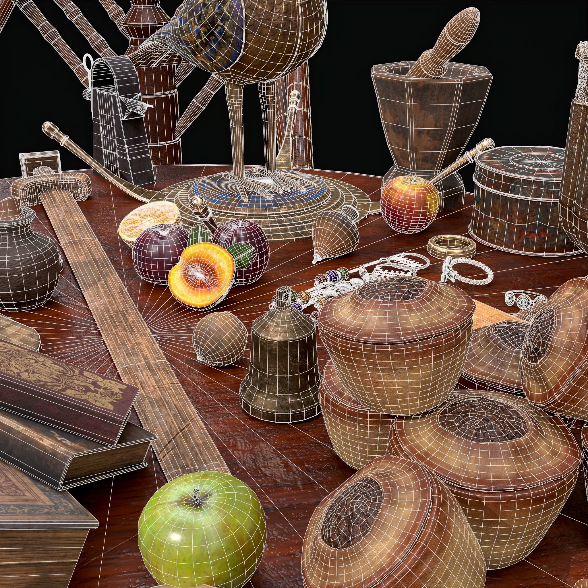 Medieval Props Messy Table Scene 3D Model Collection_35