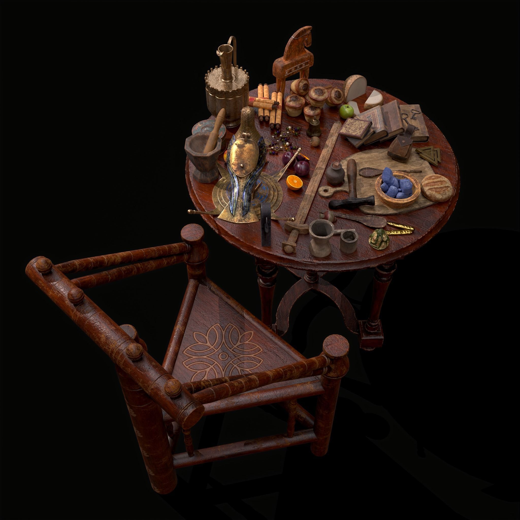 Medieval Props Messy Table Scene 3D Model Collection_6