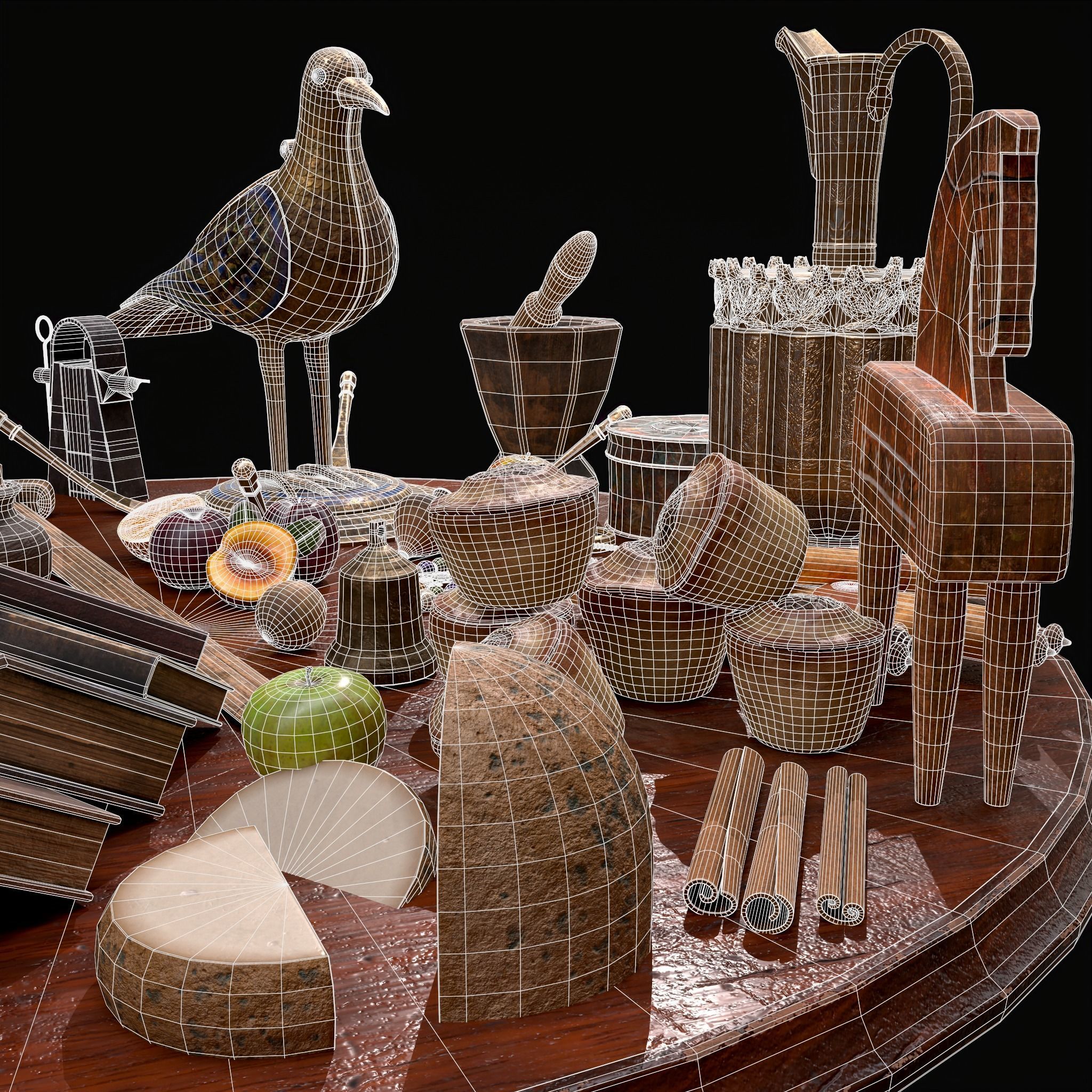 Medieval Props Messy Table Scene 3D Model Collection_31