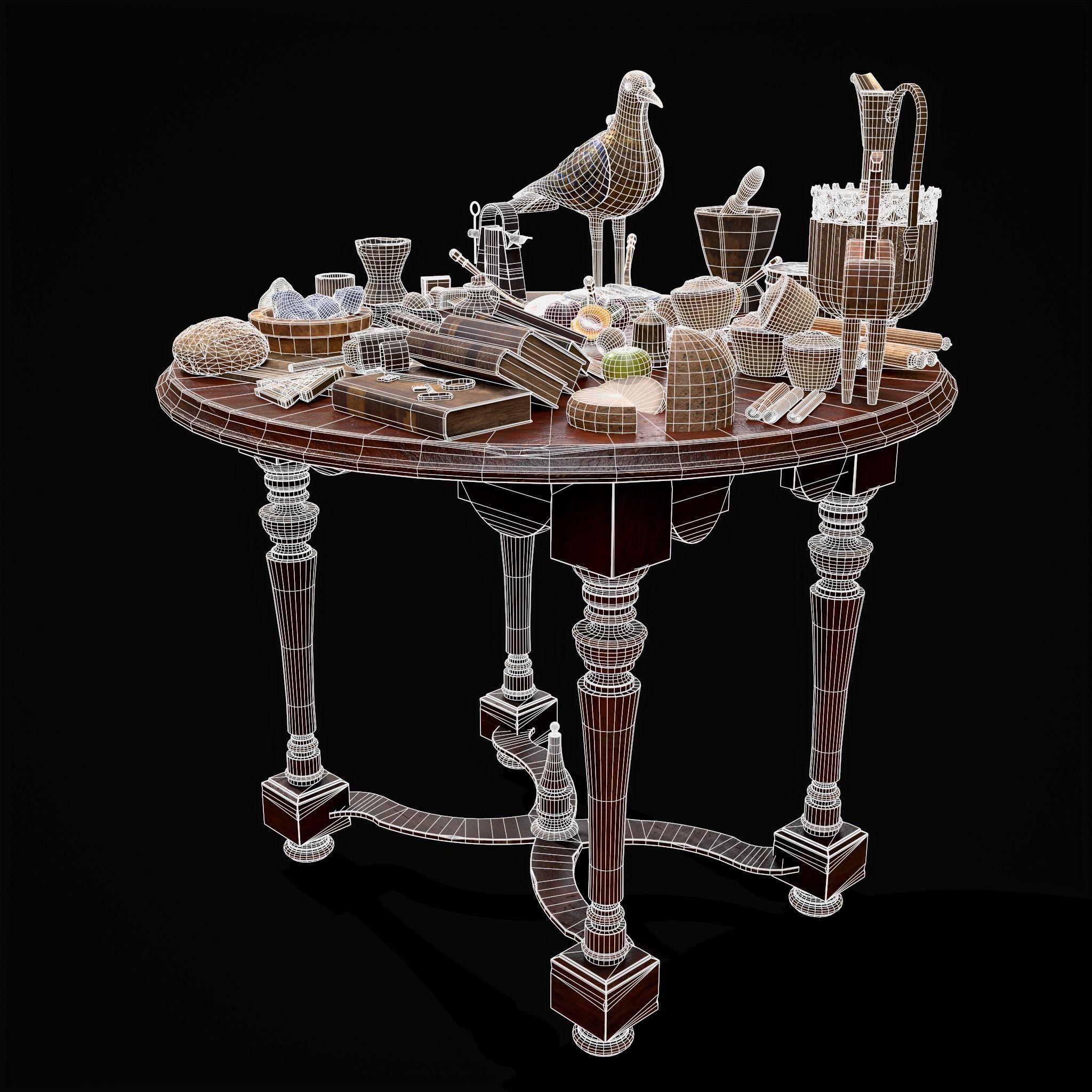 Medieval Props Messy Table Scene 3D Model Collection_19