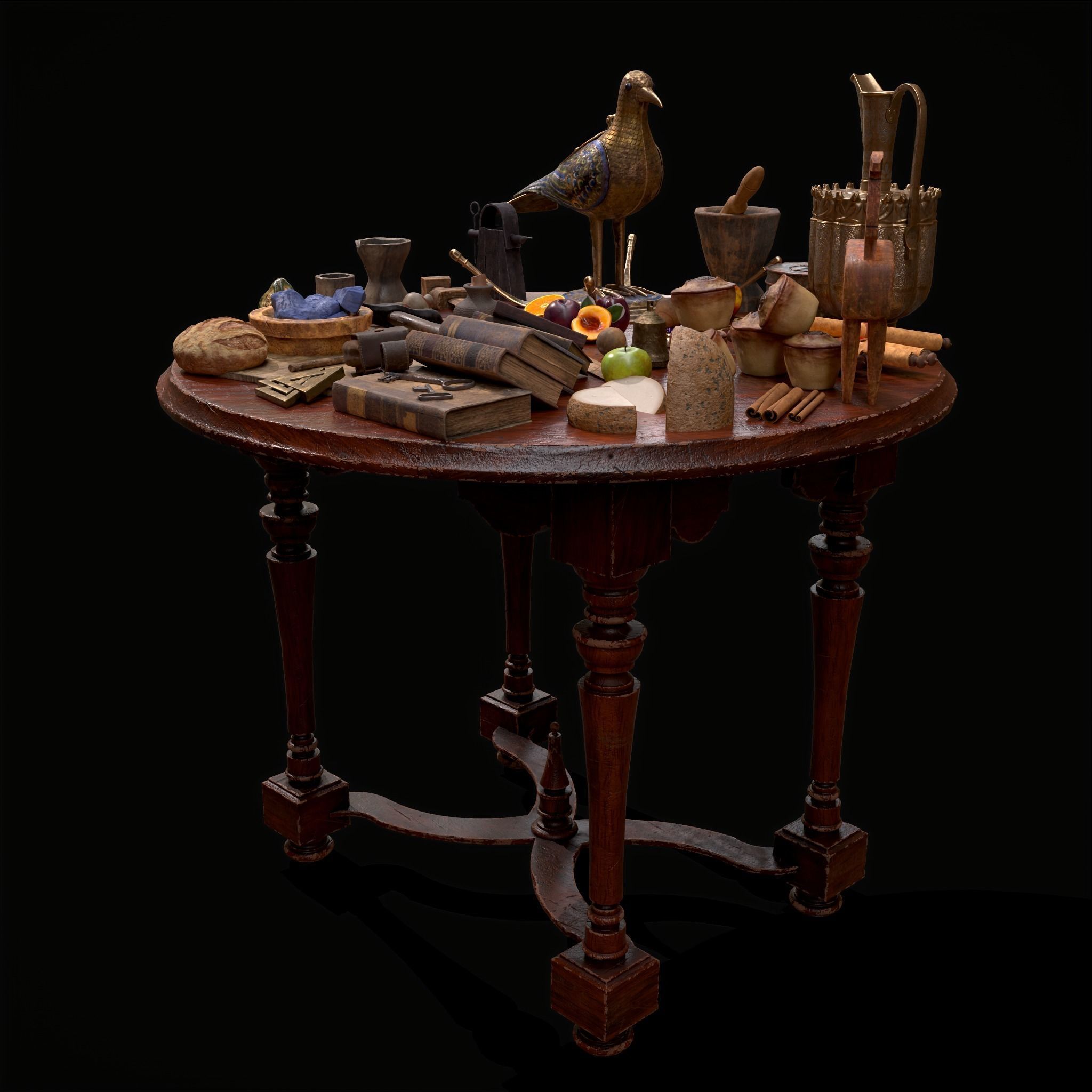 Medieval Props Messy Table Scene 3D Model Collection_18