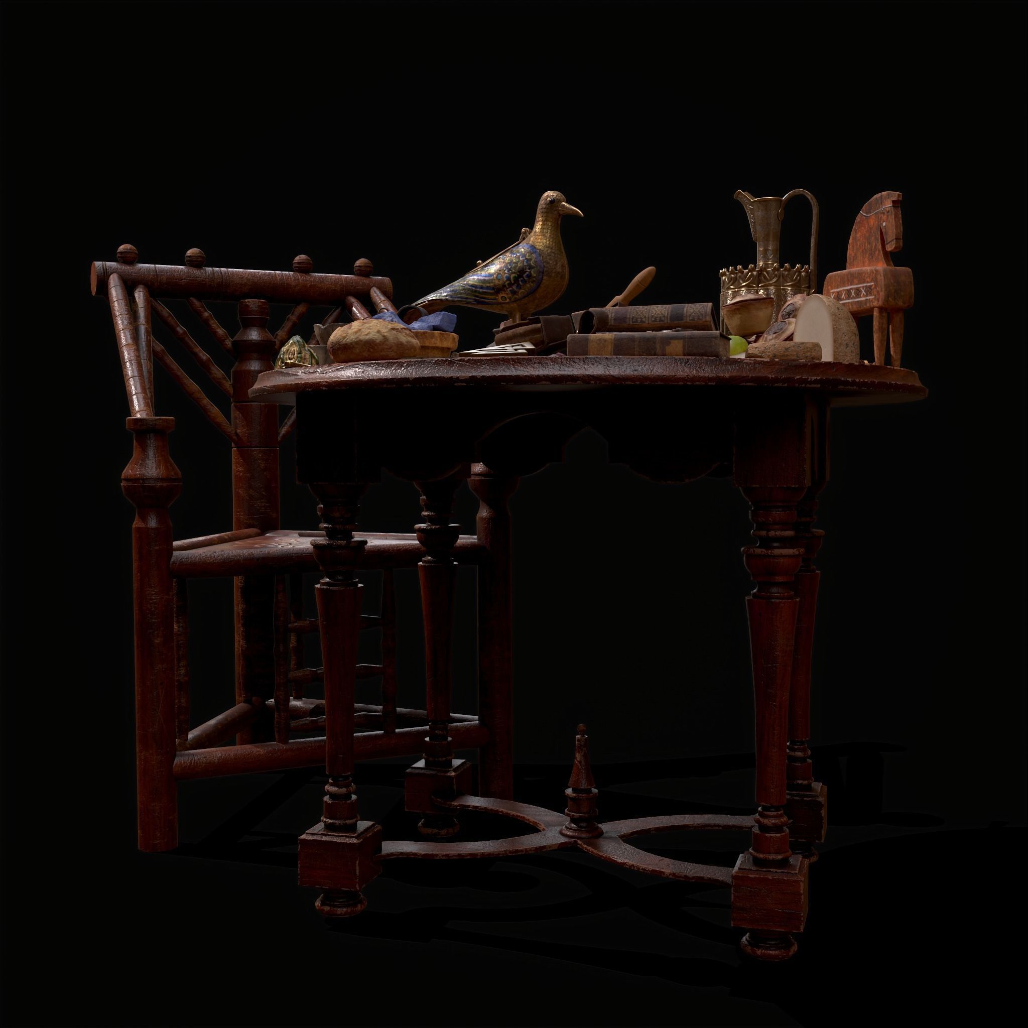 Medieval Props Messy Table Scene 3D Model Collection_12