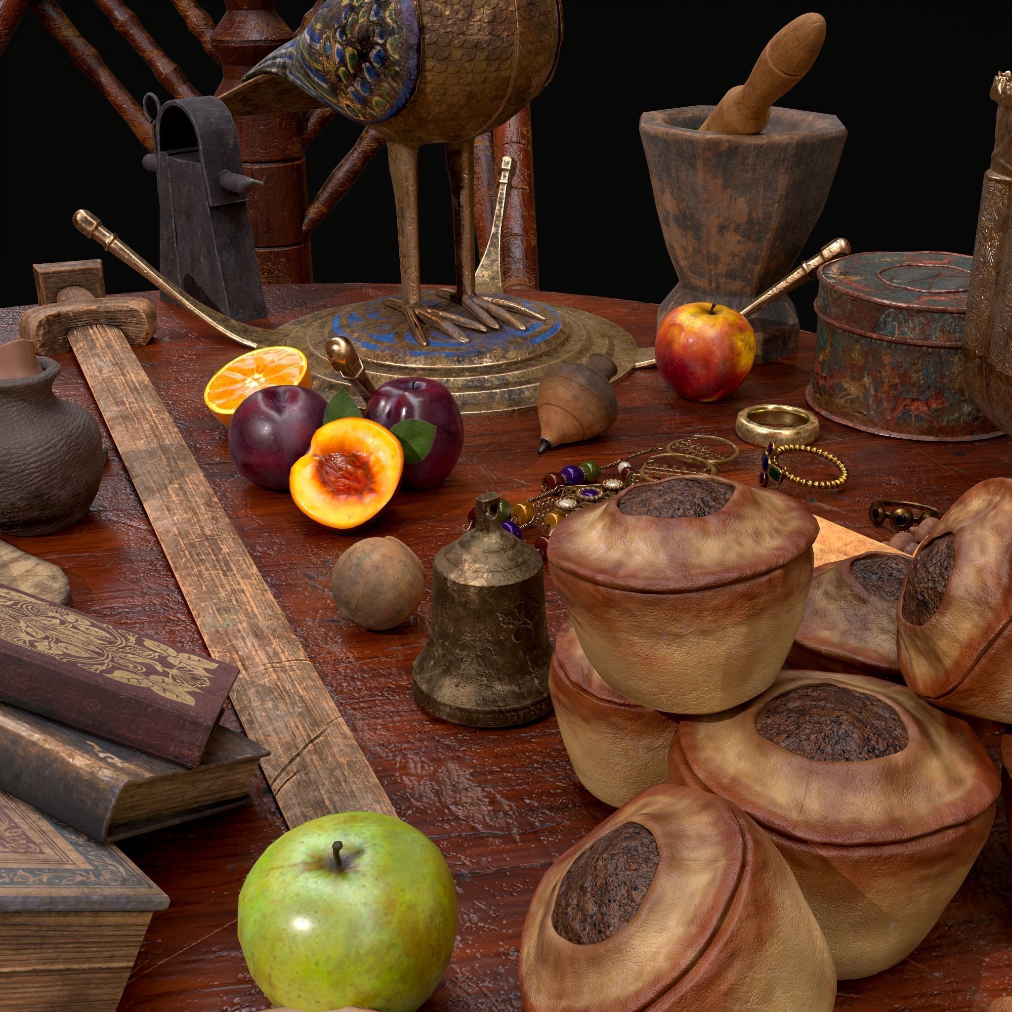 Medieval Props Messy Table Scene 3D Model Collection_34