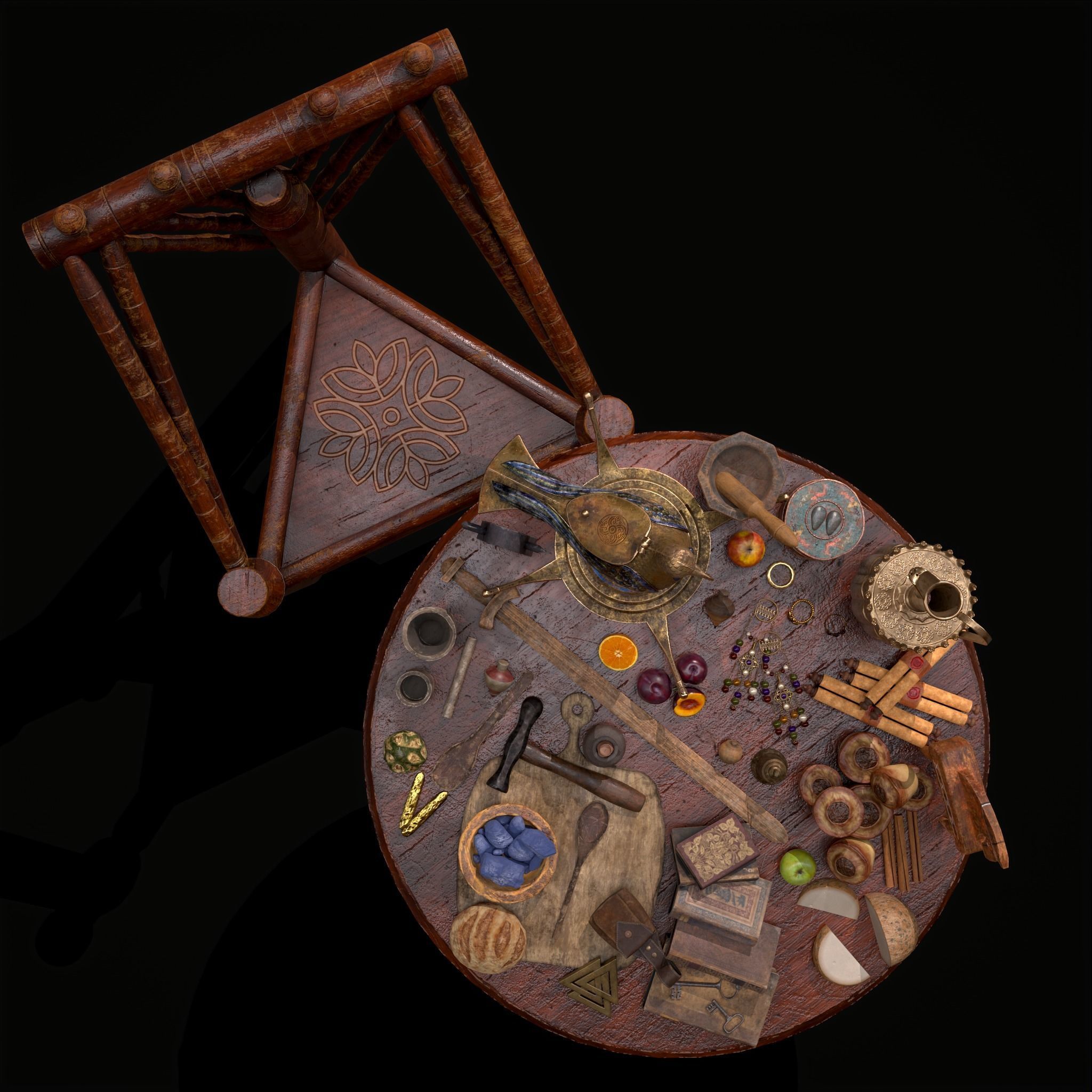 Medieval Props Messy Table Scene 3D Model Collection_10