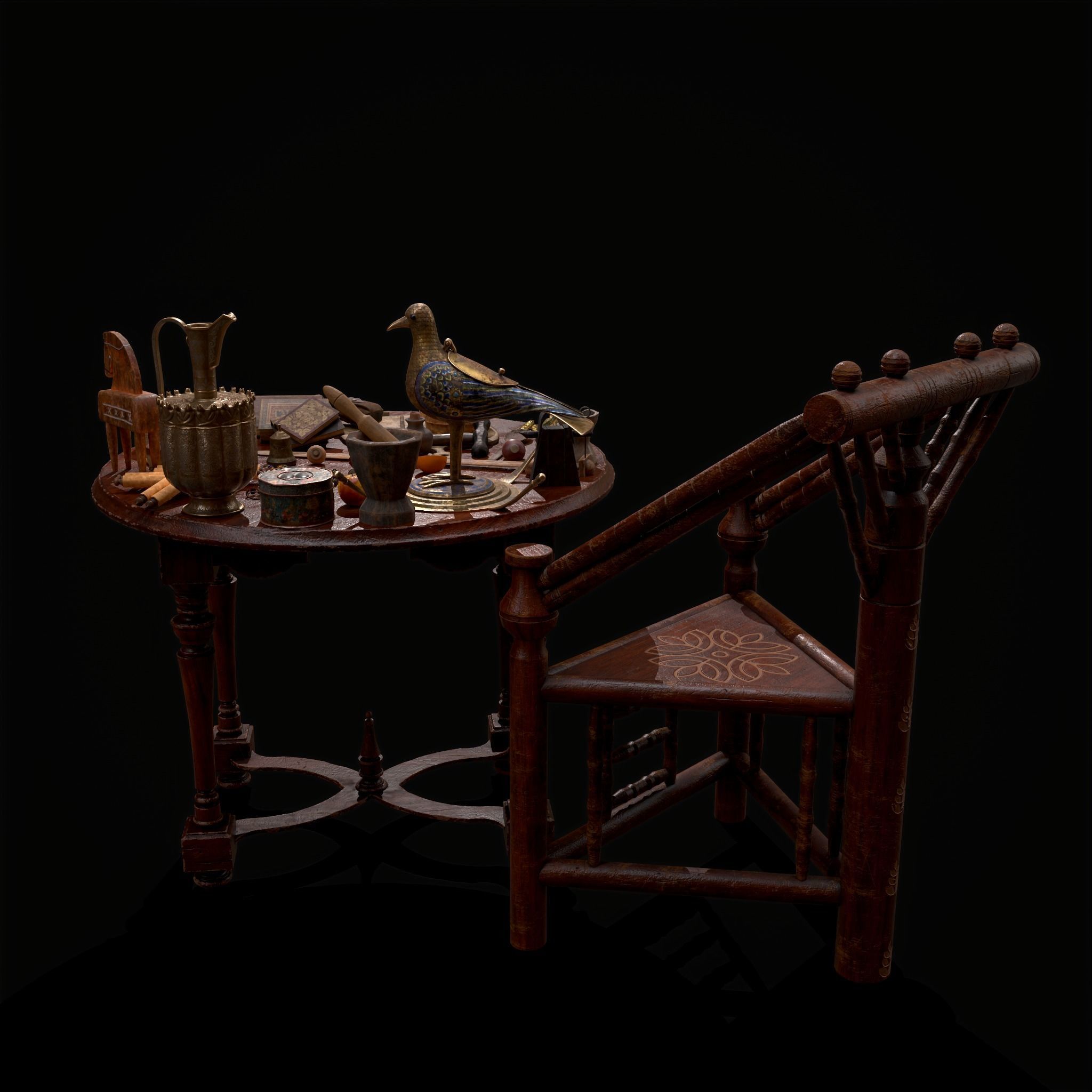 Medieval Props Messy Table Scene 3D Model Collection_8