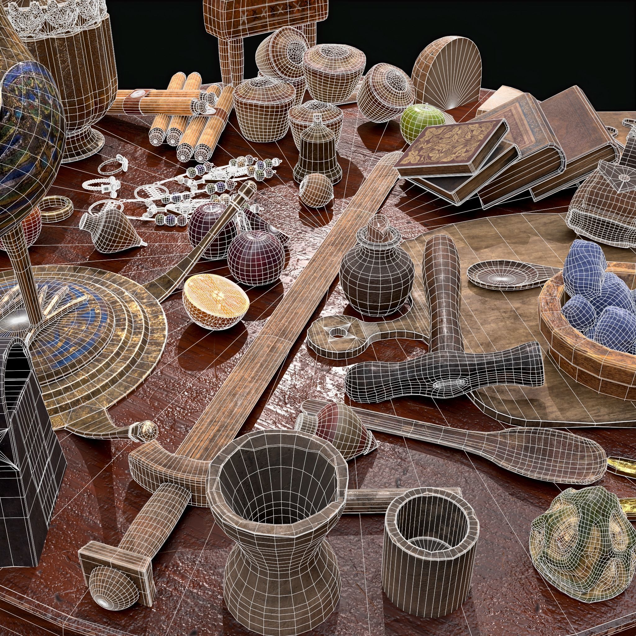 Medieval Props Messy Table Scene 3D Model Collection_24