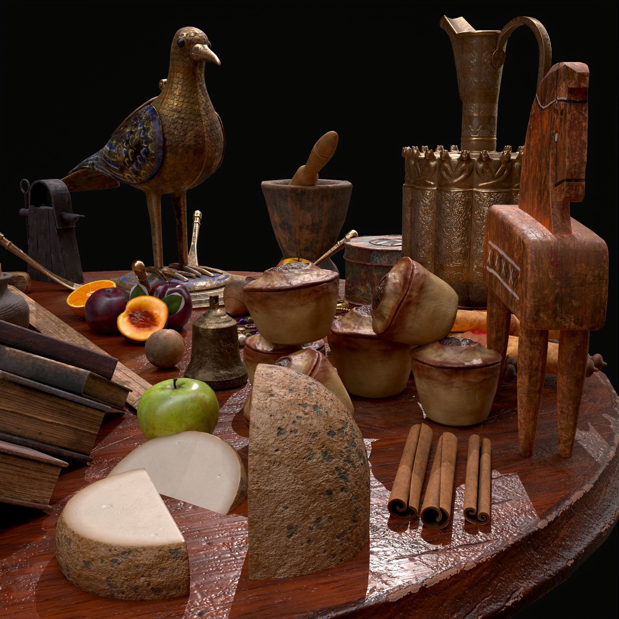 Medieval Props Messy Table Scene 3D Model Collection_30