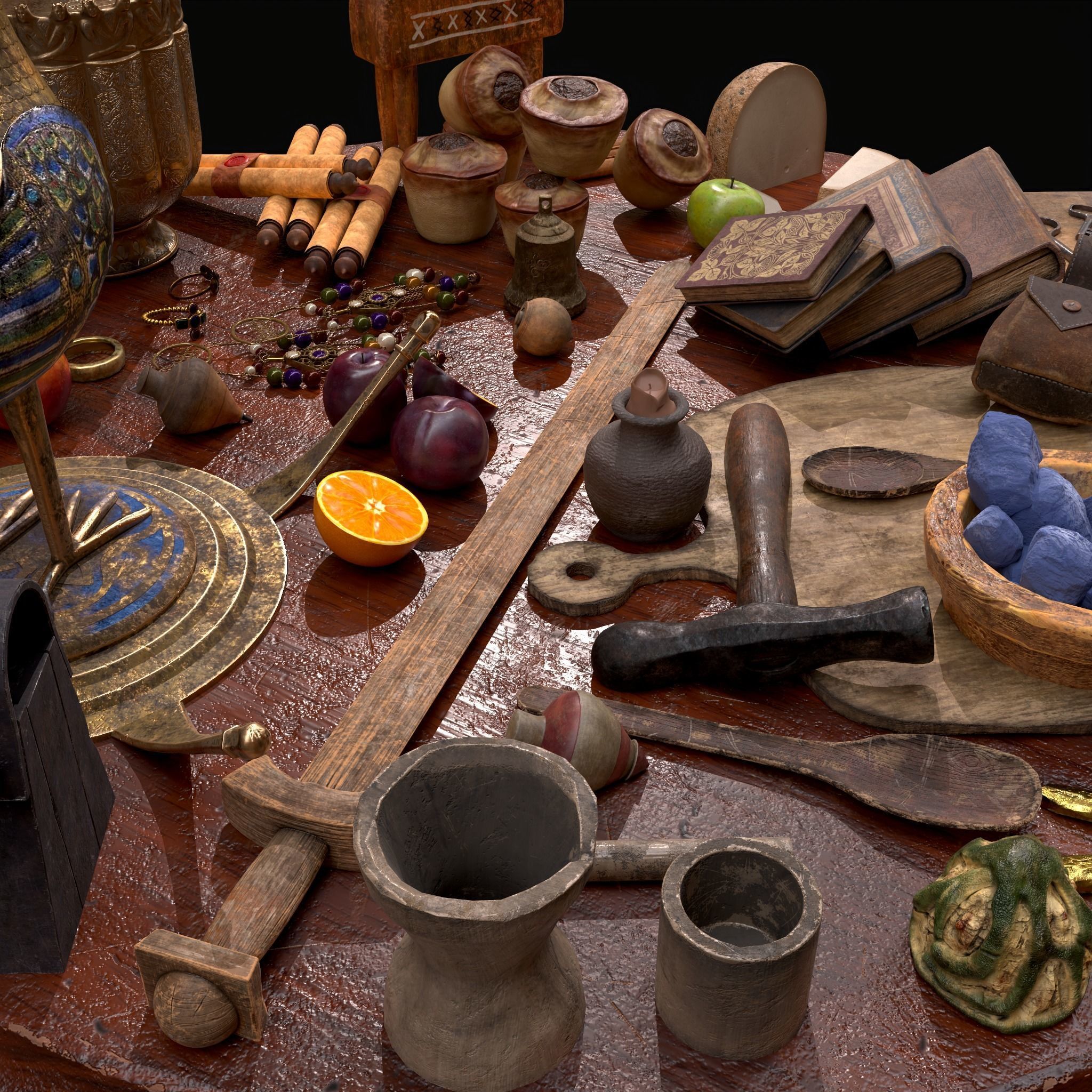 Medieval Props Messy Table Scene 3D Model Collection_25