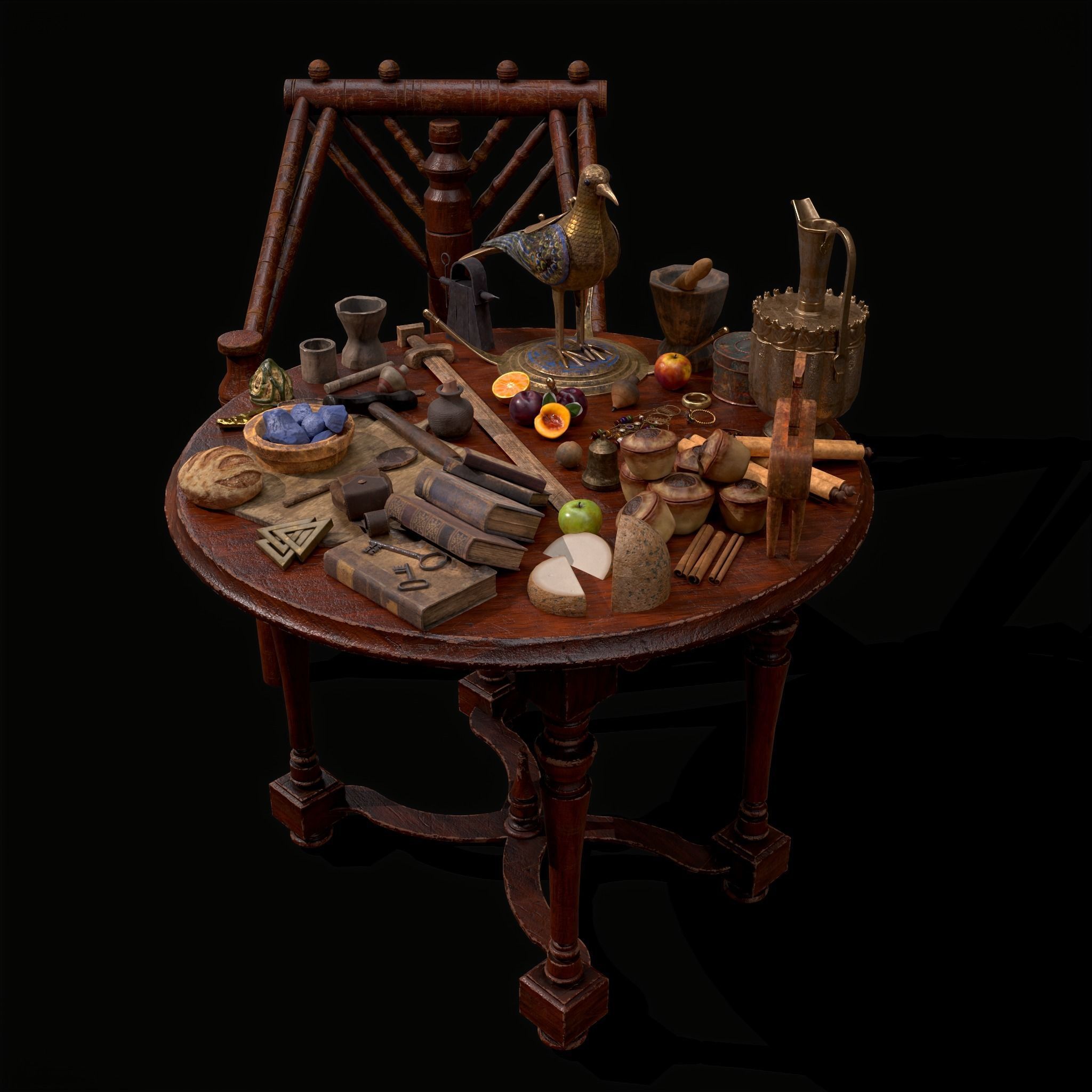 Medieval Props Messy Table Scene 3D Model Collection_44