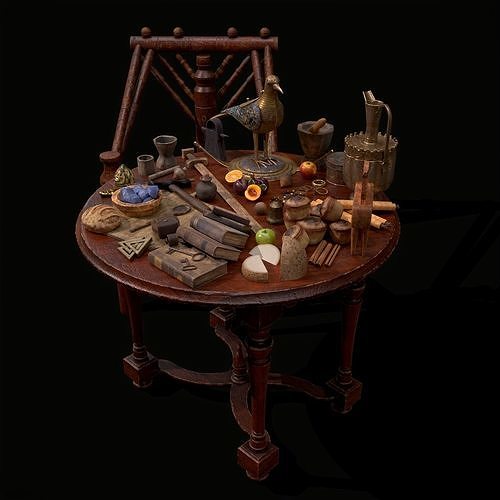Medieval Props Messy Table Scene 3D Model Pack 3