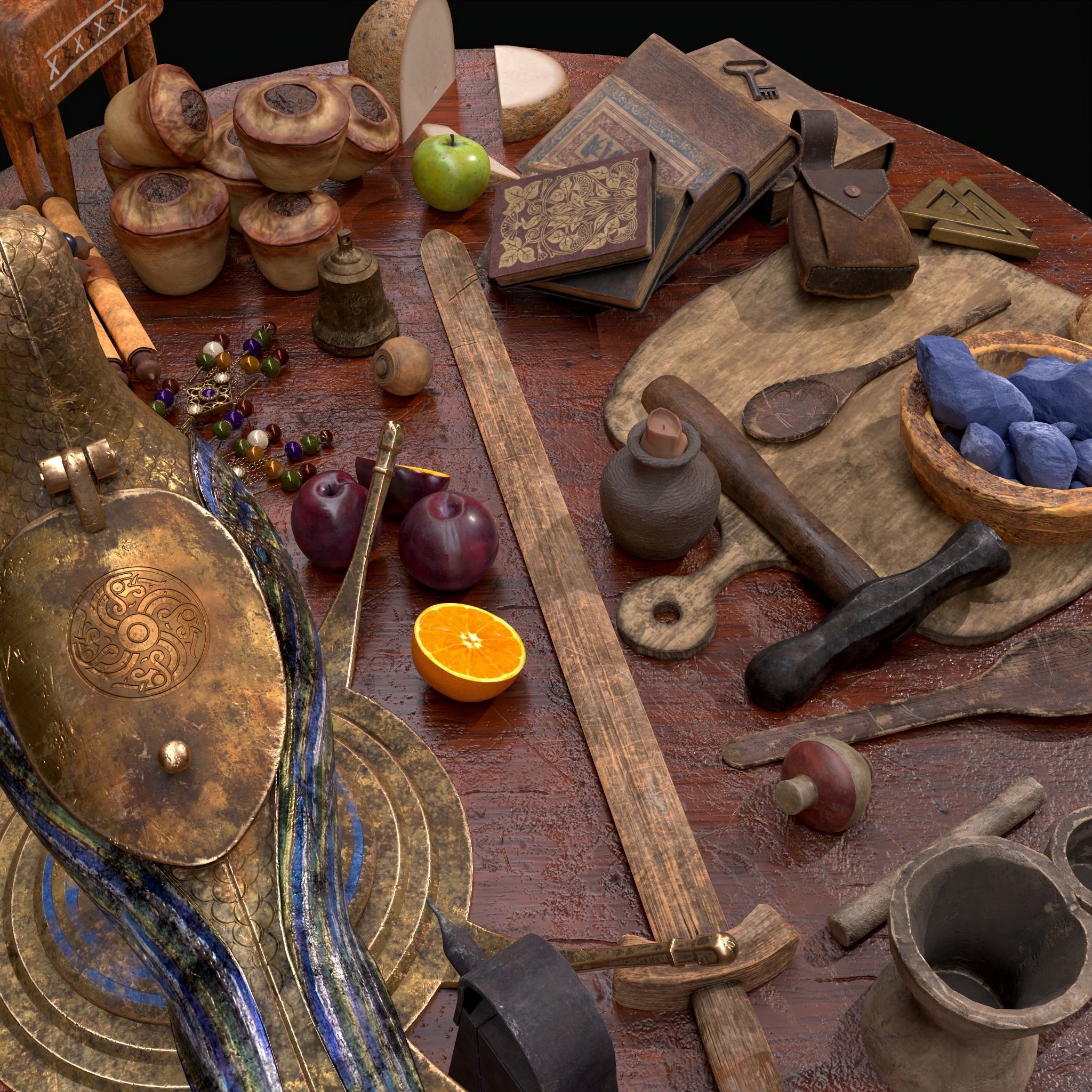 Medieval Props Messy Table Scene 3D Model Collection_38