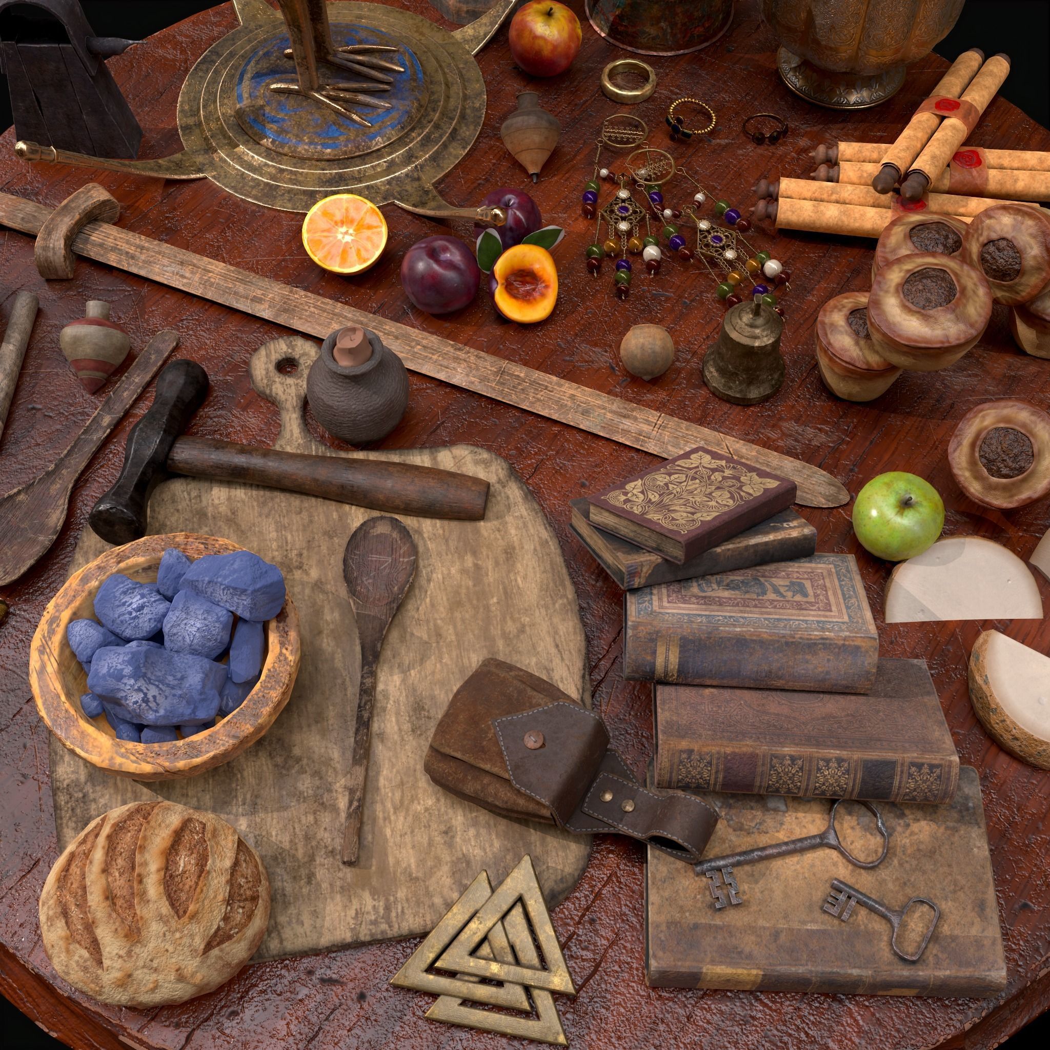 Medieval Props Messy Table Scene 3D Model Collection_16