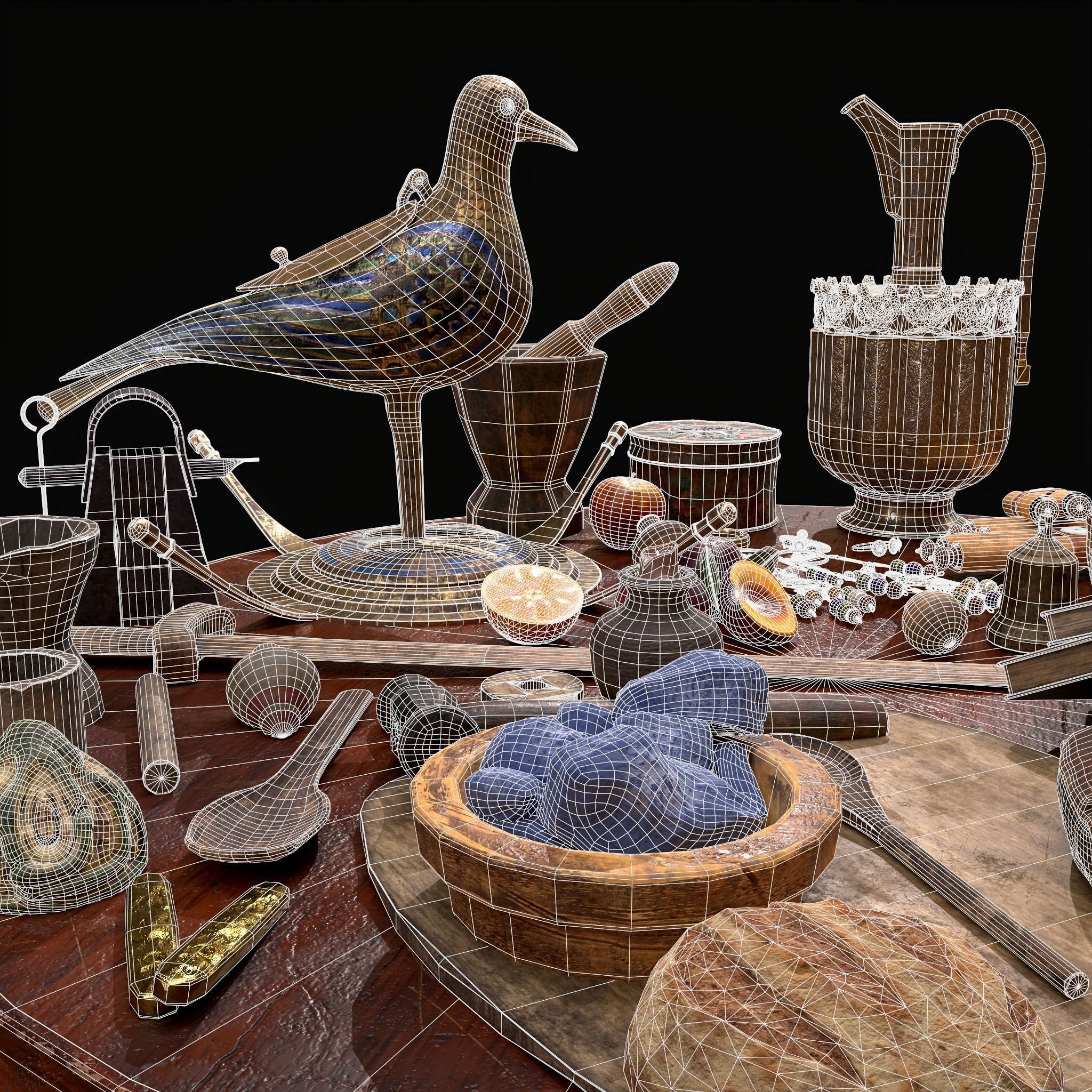Medieval Props Messy Table Scene 3D Model Collection_27