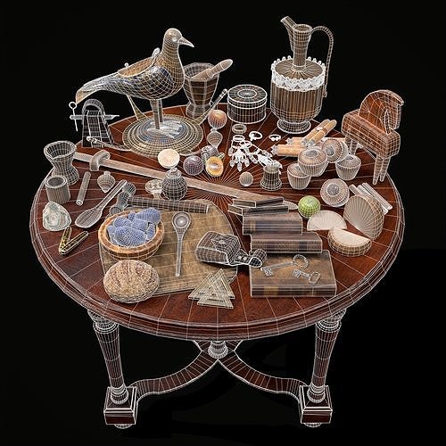 Medieval Props Messy Table Scene 3D Model Pack 6