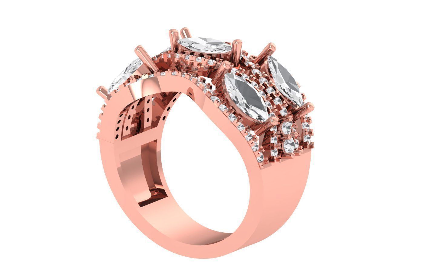 Marquise Diamond Solitaire Four Band Ring 3D print model_2