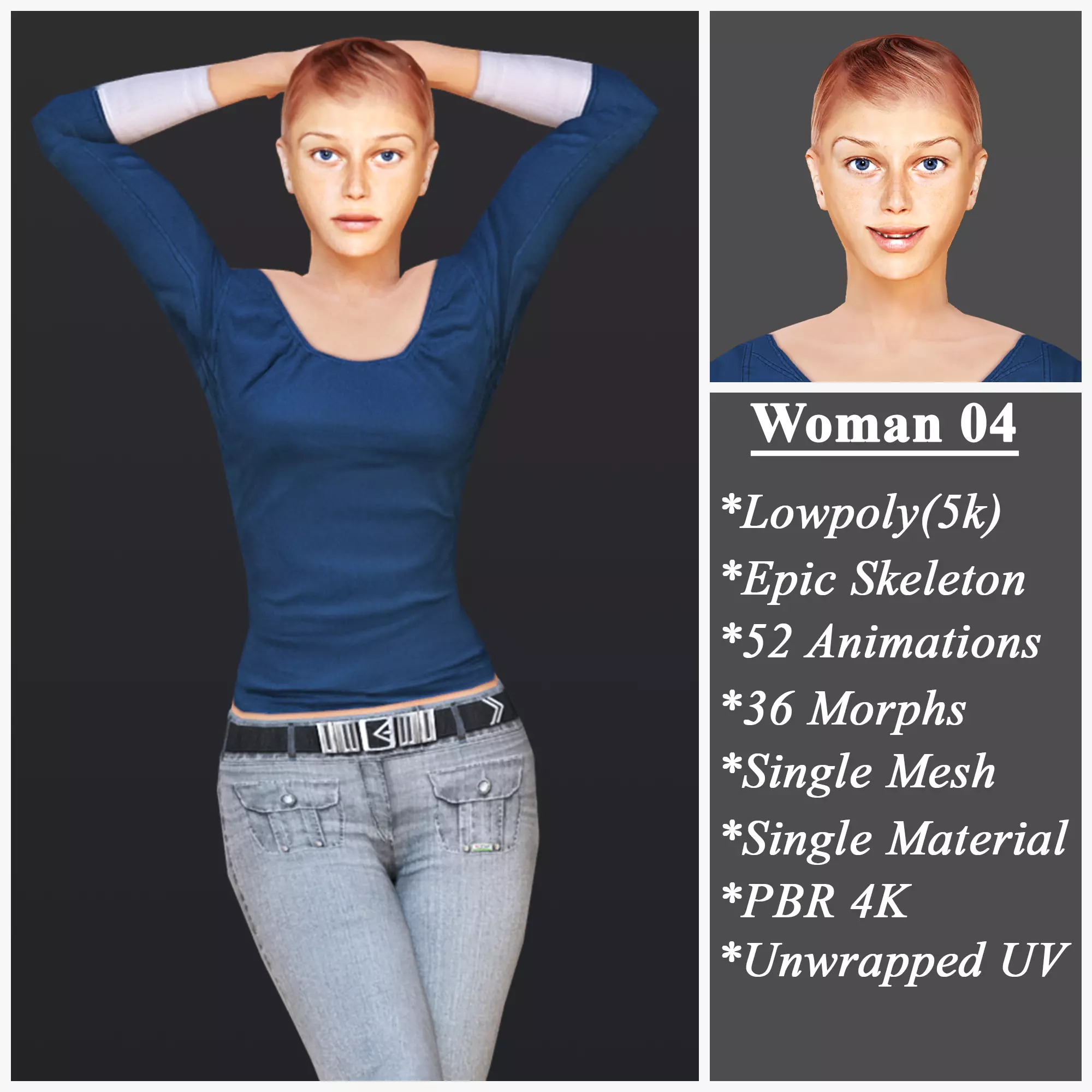 Woman 4 in jeans and shirt Low-poly 3D model