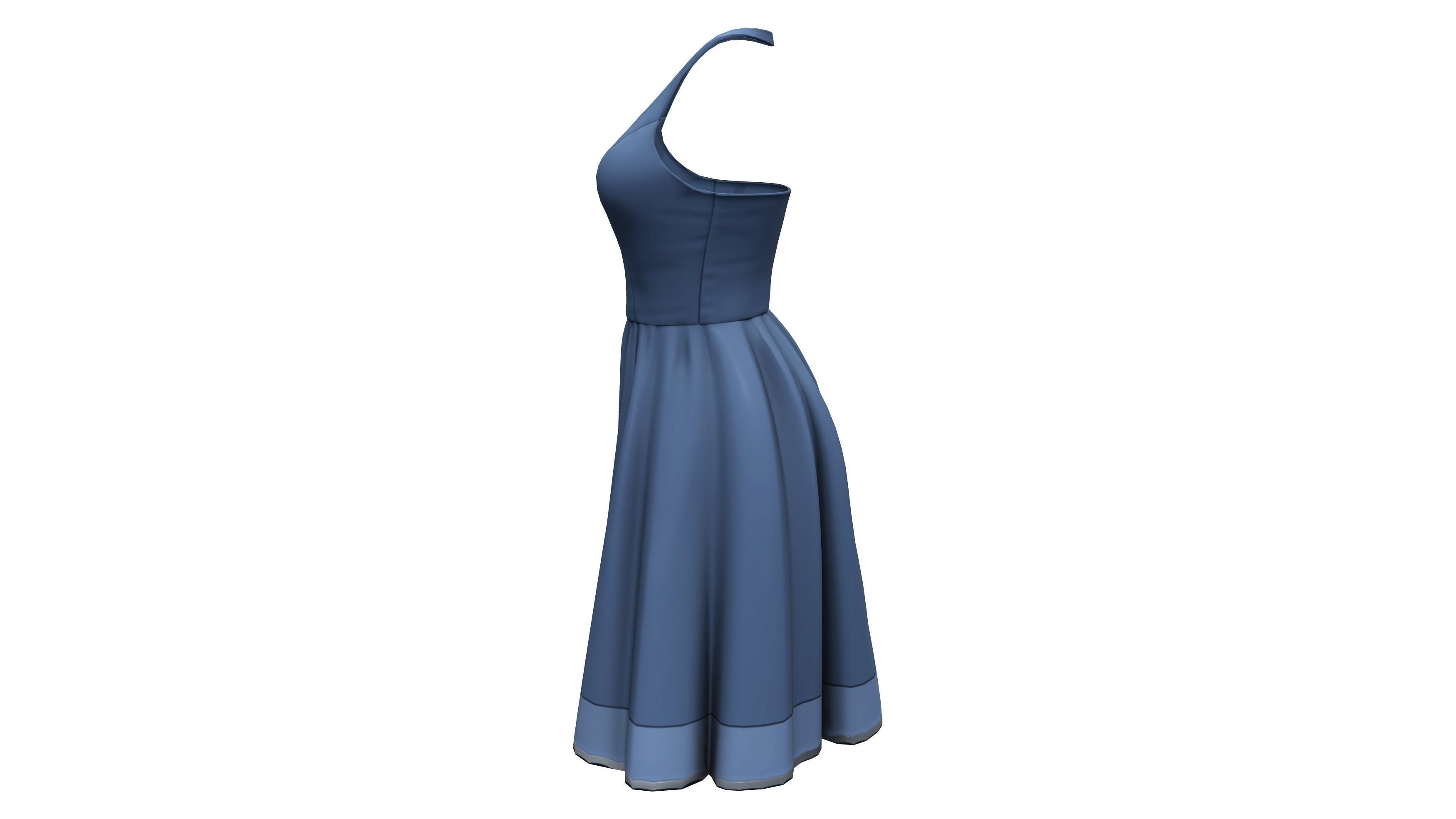 Blue Sleeveless Open Back Halter Neck Party Skirt Dress Low-poly 3D model_3