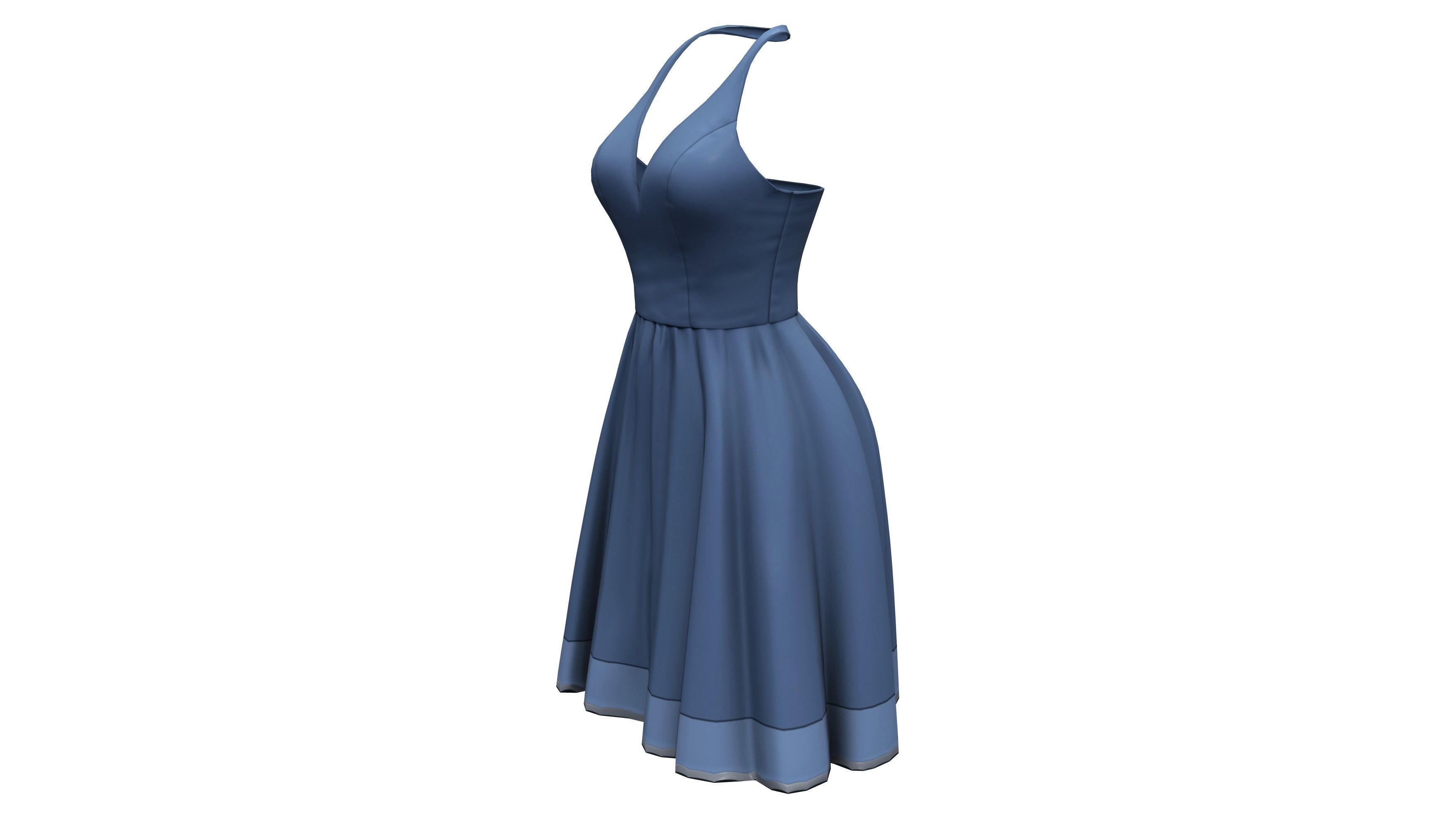 Blue Sleeveless Open Back Halter Neck Party Skirt Dress Low-poly 3D model_2