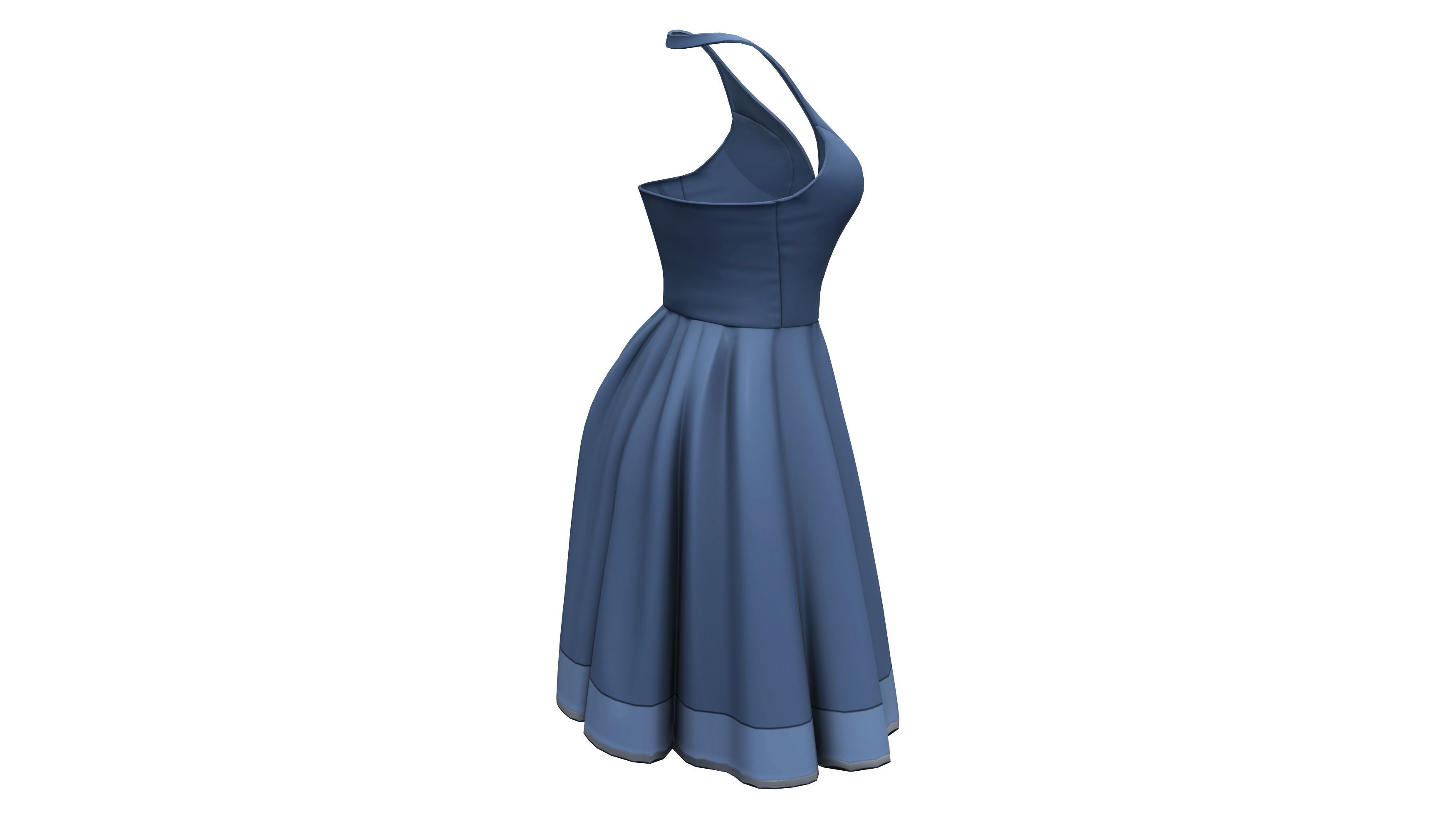Blue Sleeveless Open Back Halter Neck Party Skirt Dress Low-poly 3D model_5