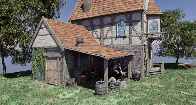 3D Rigged Blacksmith and his forge 3D model
