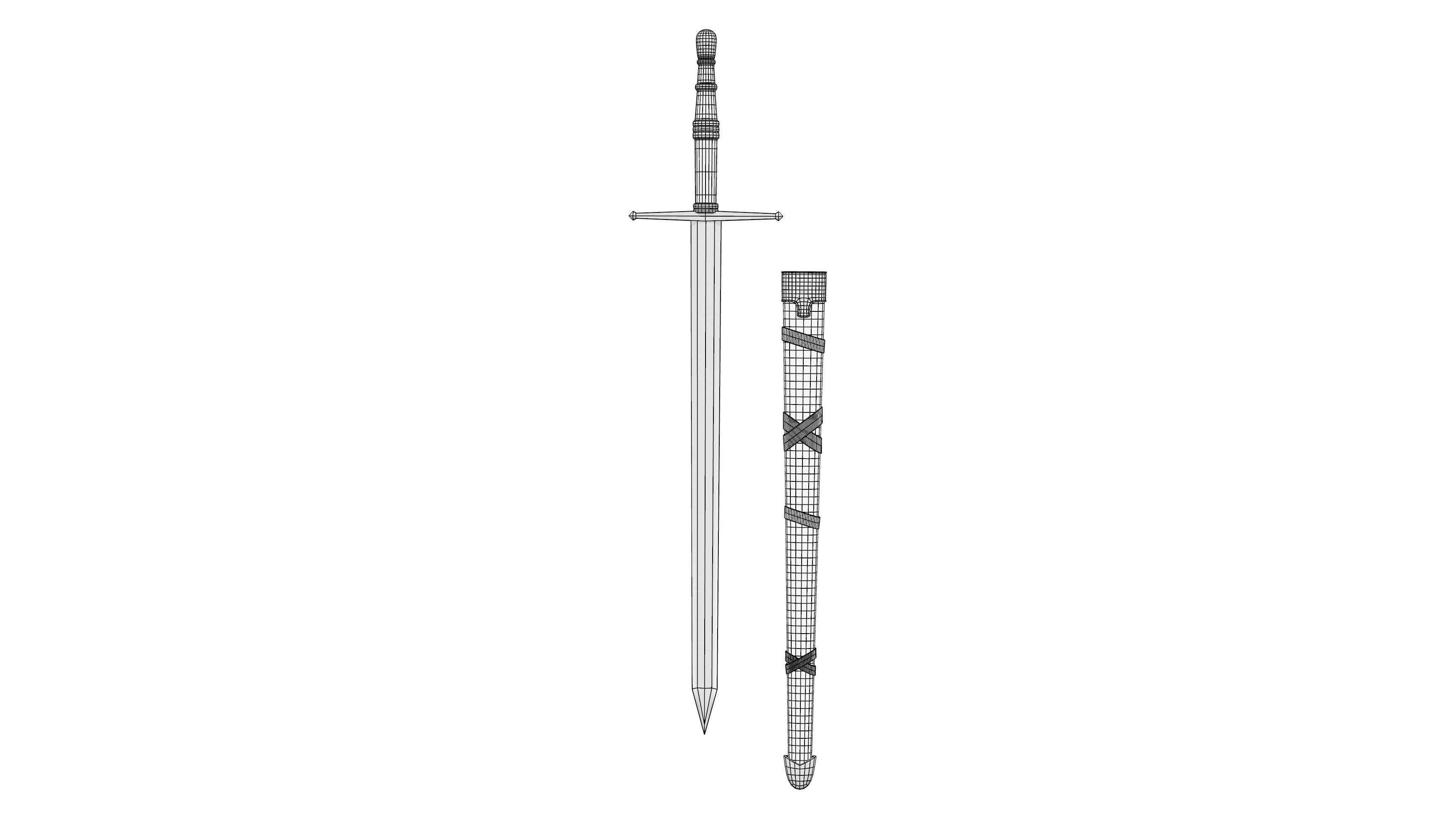 Medieval Long Knight Back Hung Sword With Scabbard Low-poly 3D model_5