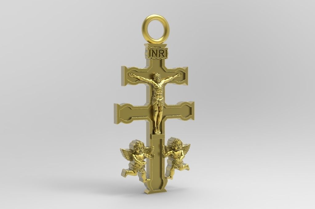 Caravaca cross model pendant with Jesus and angels 3D print model_3