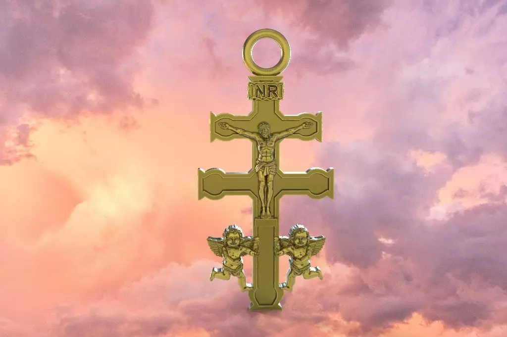 Caravaca cross model pendant with Jesus and angels 3D print model_0