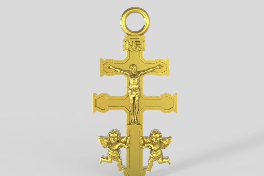 Caravaca cross model pendant with Jesus and angels 3D print model_1