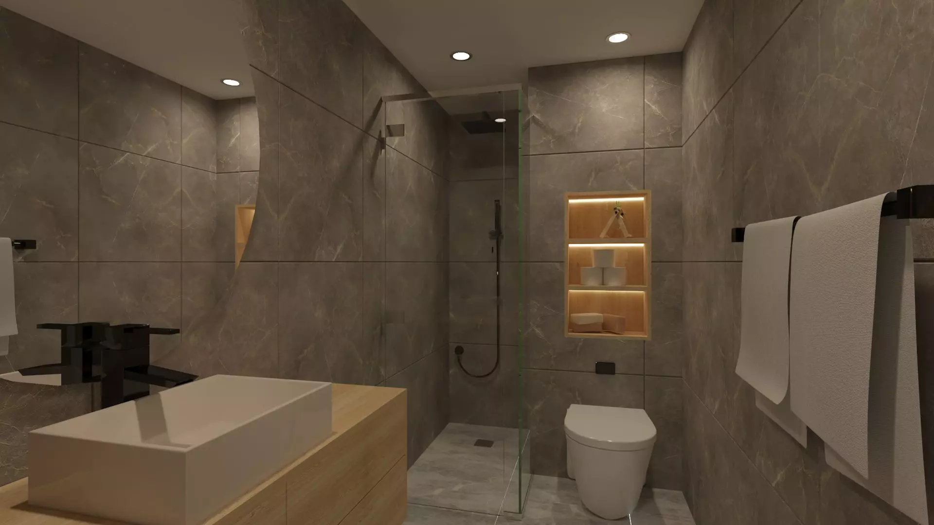 Restroom modern bathroom with walls and wooden floors Free 3D model_0