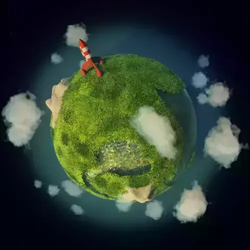 Tintin rocket on tiny planet