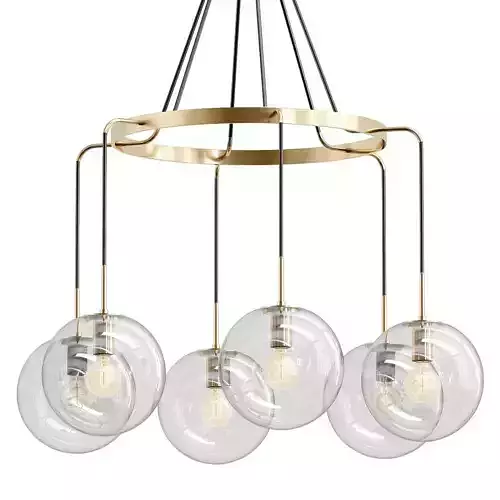 RH-LANGUEDOC-Round-Chandelier-Antique-Brass chandelier with five glass globes hanging from gold chain