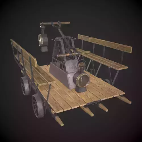 Handcar wooden cart with steam engine Low-poly 3D model