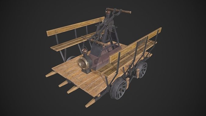 Handcar wooden cart with steam engine Low-poly 3D model 2