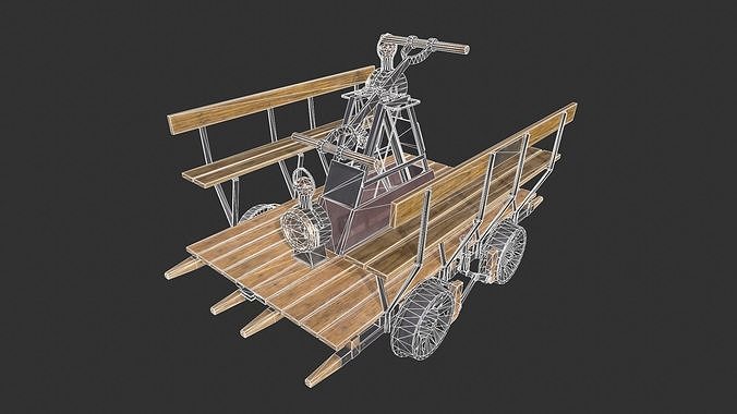 Handcar wooden cart with steam engine Low-poly 3D model 3