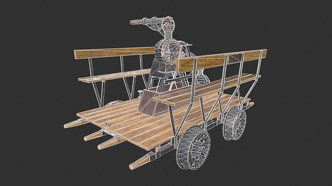 Handcar wooden cart with steam engine Low-poly 3D model 7