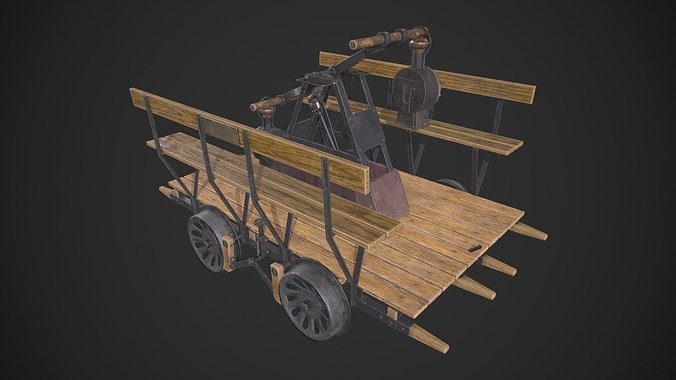 Handcar wooden cart with steam engine Low-poly 3D model 4