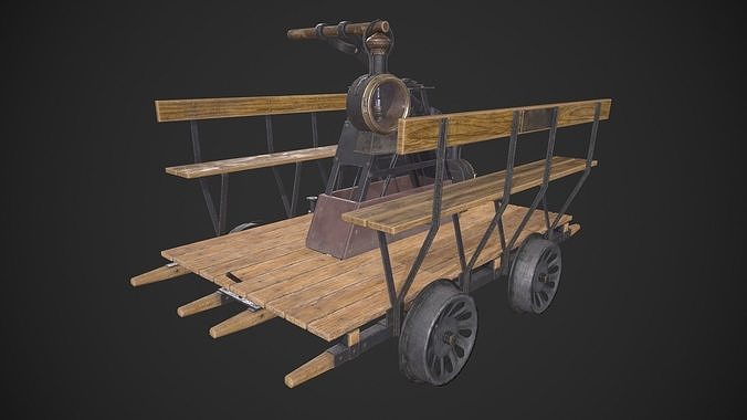 Handcar wooden cart with steam engine Low-poly 3D model 6