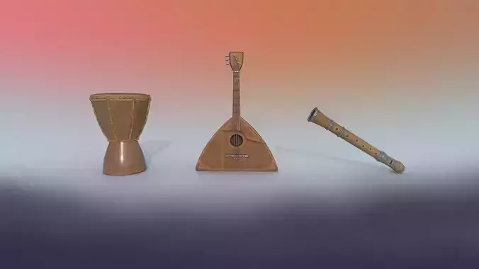 Musical instruments drum flute balalaika PBR game ready Low-poly 3D model
