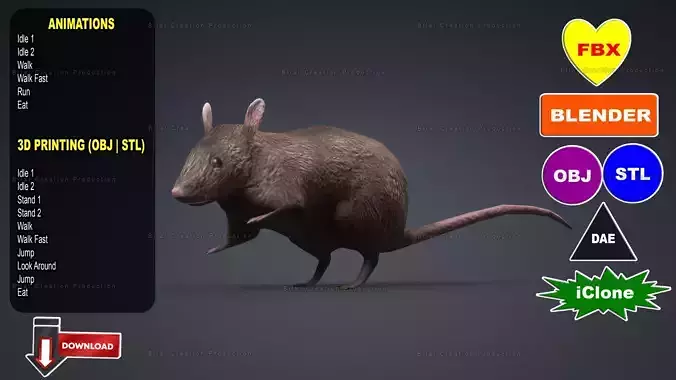 MOUSE GRAY RAT ANIMATED Low-poly 3D model
